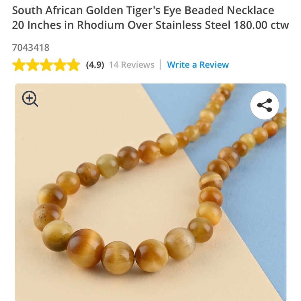SOUTH AFRICAN GOLDEN TIGERS EYE BEAD NECKLACE 20” RHODIUM OVER SS 180 CTW